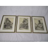 Three framed engravings of Exeter signed by Wilfred L. Vinson, including St Mary's Steps Church, The