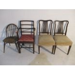 A pair of upholstered dining chairs, Windsor stick back chair and one other