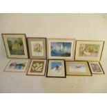 A collection of various framed watercolours, prints etc