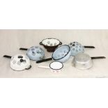 A collection of various enamelled kitchen ware etc.