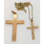 A 9ct rose gold cross along with another 9ct cross on fine chain, total weight 7.7g