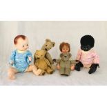 A collection of vintage dolls and teddies including Pedigree etc.