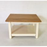 A modern coffee table with pine top