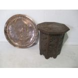 An Indian table, height 34cm along with a copper wall plate.