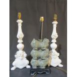 A pair of Italian white ceramic lamps ( 1 A/F) along with an Oriental style lamp with dogs of Fo