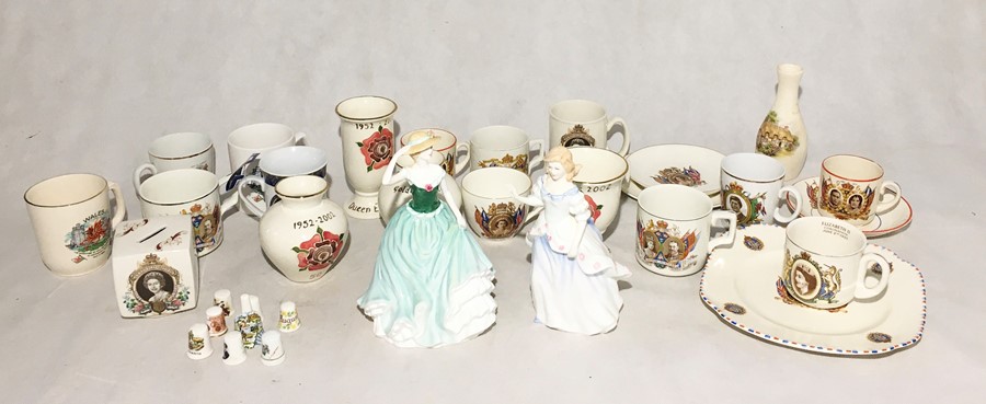 A collection of various commemorative china along with two Royal Doulton Ladies "Emily" and "