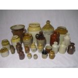 A collection of stoneware cider flagons, jars, pots etc