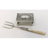 A hallmarked silver matchbox holder along with a silver pickle fork with mother of pearl handle