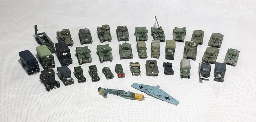 A collection of miniature model military vehicles