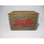 A Pepsi Cola wooden storage crate with checkers board on underside of lid