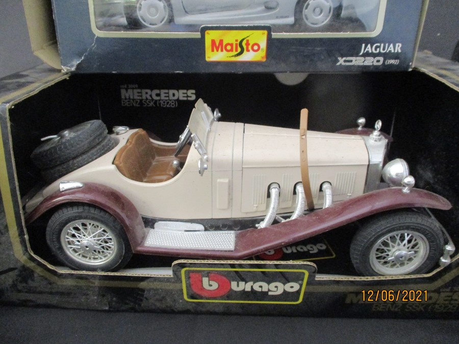 A collection of mainly Burago model cars including Jaguar SS100, a 1928 Mercedes Benz, a type 59 - Bild 3 aus 9