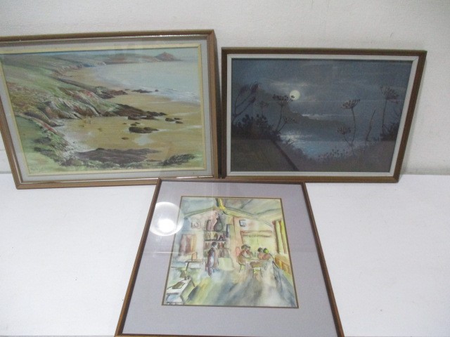 Two framed pastels by Roy Stringfellow entitled "Moonlight & Fishing Boats, Tallard" & "Whitsand Bay