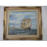 An oil on canvas of a two masted sailing ship, signed Laurence Davison, 25cm x 30cm