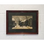 A framed19th Century etching by Charles Beauverie depicting a street scene with horse and cart, some