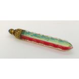 A Victorian scent bottle with multi coloured body, gilt mount and cabochon Lapis Lazuli finial, 8.