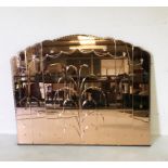An Art Deco peach glass mirror with etched detail 135cm x 112cm