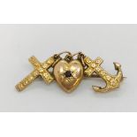 An unmarked gold ( probably 9ct) Faith, Hope and Charity brooch, weight 2.2g