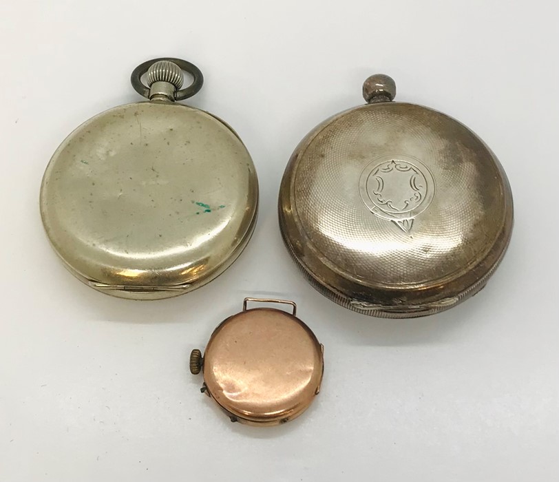 A hallmarked 9ct gold watch ( A/F) along with a hallmarked silver pocket watch and a silver plated - Image 2 of 2