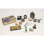 A collection of assorted items including a silver plated pincushion, miniature mangle, anvil, sewing