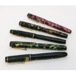 Five vintage fountain pens all with 14ct gold nibs including Mentmore, Onoto "The Pen", Cadet etc.