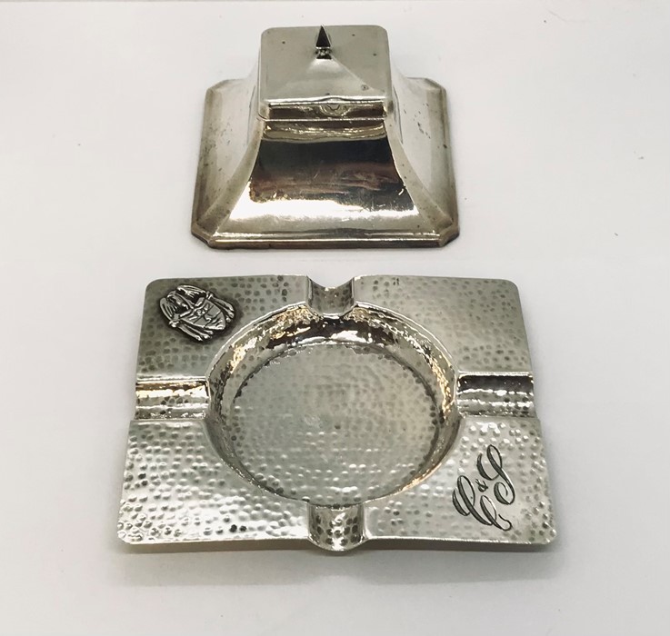 A hallmarked silver inkwell ( hinge A/F) along with a continental silver ashtray