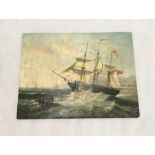 An unsigned oil on board depicting a galleon at sea (40.5cm x 30.5cm)