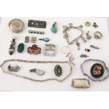 A collection of silver and other jewellery including micro mosaic brooches, buckle etc.