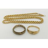 A 9 ct gold rope chain along with a 9ct ring set with a small diamond ( A/F) and a 9ct gold eternity