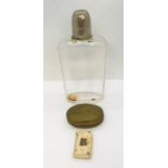 A bone vesta case, brass snuff box and a cut glass flask