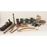 A collection of brass, pewter, wooden animals, vintage exercise club etc.