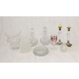 A collection of glassware including Dartington, a pair of decanters, candlesticks etc.