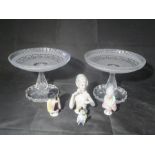 A pair of glass comports along with various porcelain half dolls ( some A/F)