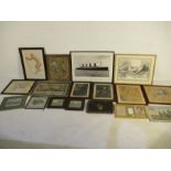 A collection of various framed pictures including a charcoal of a reclining nude by Moya Pauel,
