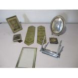 A miscellaneous collection of items including two door finger plates, a small photo frame marked