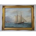 An oil on canvas of a two masted ship signed Laurence Davison, 30cm x 40cm