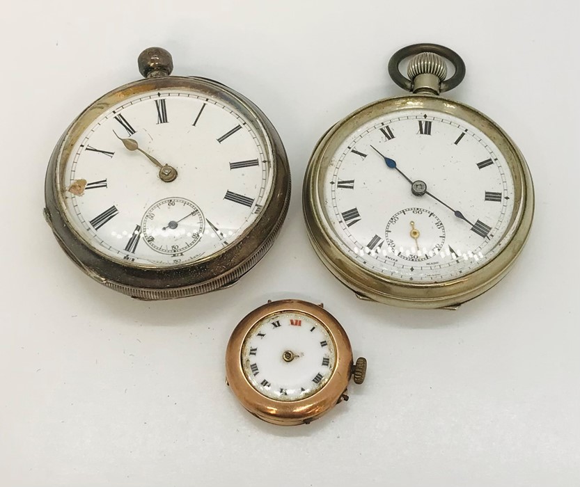 A hallmarked 9ct gold watch ( A/F) along with a hallmarked silver pocket watch and a silver plated