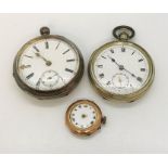 A hallmarked 9ct gold watch ( A/F) along with a hallmarked silver pocket watch and a silver plated