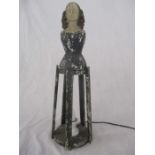 A miniature antique "dress form" with woman's head and torso over an open wooden base, converted