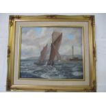 An oil on canvas of a sailing boat coming into harbour, signed Laurence Davison, 25cm x 30 cm