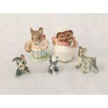 Two Beatrix Potter Royal Albert figurines along with three Wade Disney figures