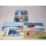 A collection of three decorative wall hanging tiles, all depicting beach scenes.