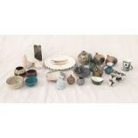 A collection of studio pottery including a number of pottery birds, small bowls, jugs etc.