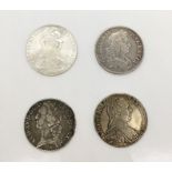 A collection of four coins including two Marie Therese Thalers, a Louis XV silver coin marked 1746