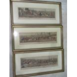 Three framed foxhunting prints, "The meet at cover", "Full Cry" and "The Death". Each picture is
