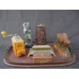 An assortment of items including a carved wooden Bison, C A Lehnartz, Stahl Mahlwerk coffee grinder,