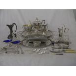 A Martin Hall & Co Victorian silver plated tea set along with various condiment sets continental