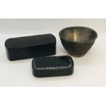 A carved cup formed from a half coconut shell with SCM lining along with two papermache snuff boxes