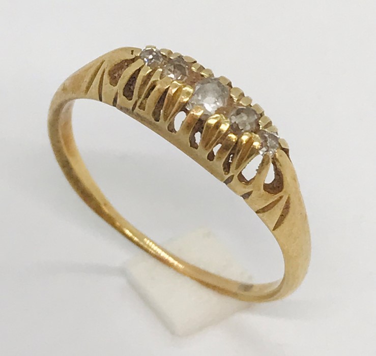 An unmarked ( probably 18ct gold) boat ring set with 5 diamonds - Image 2 of 4