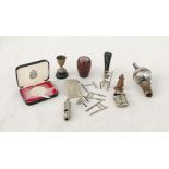 An assortment of items including silver, MG gear knob, ACME whistle, Isle of Man commemorative