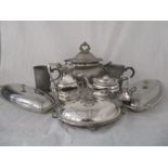 A collection of metal ware including a silver plated tureen,pair of pewter tankards, warming